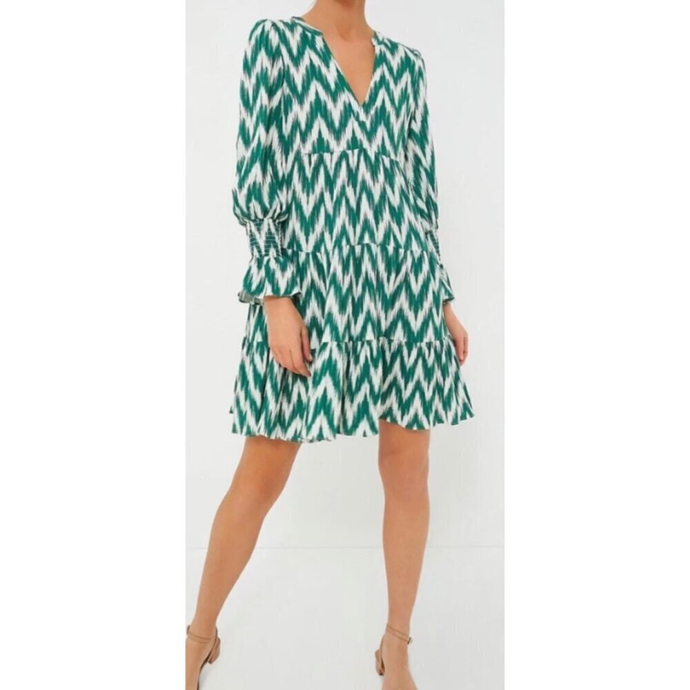 Pomander Place Ikat Kenzo Dress XS Green White Chevron Print Tiered V-Neck Ruffl - Picture 3 of 15